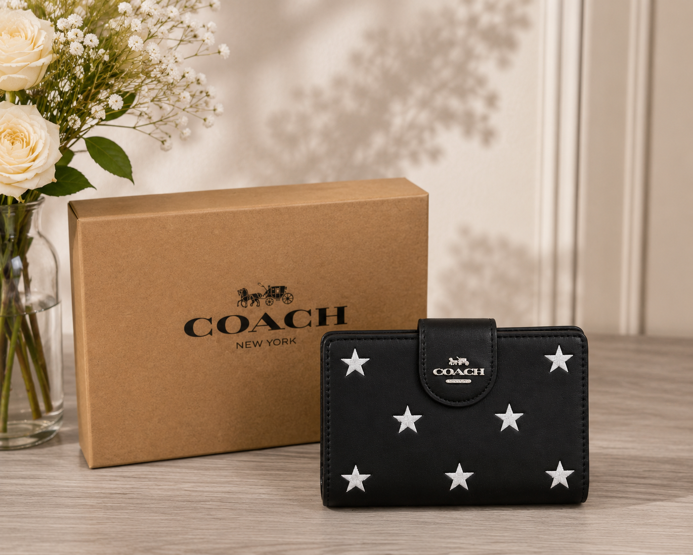 NEW COACH Medium Corner Zip Wallet With Star Print CW530 Black