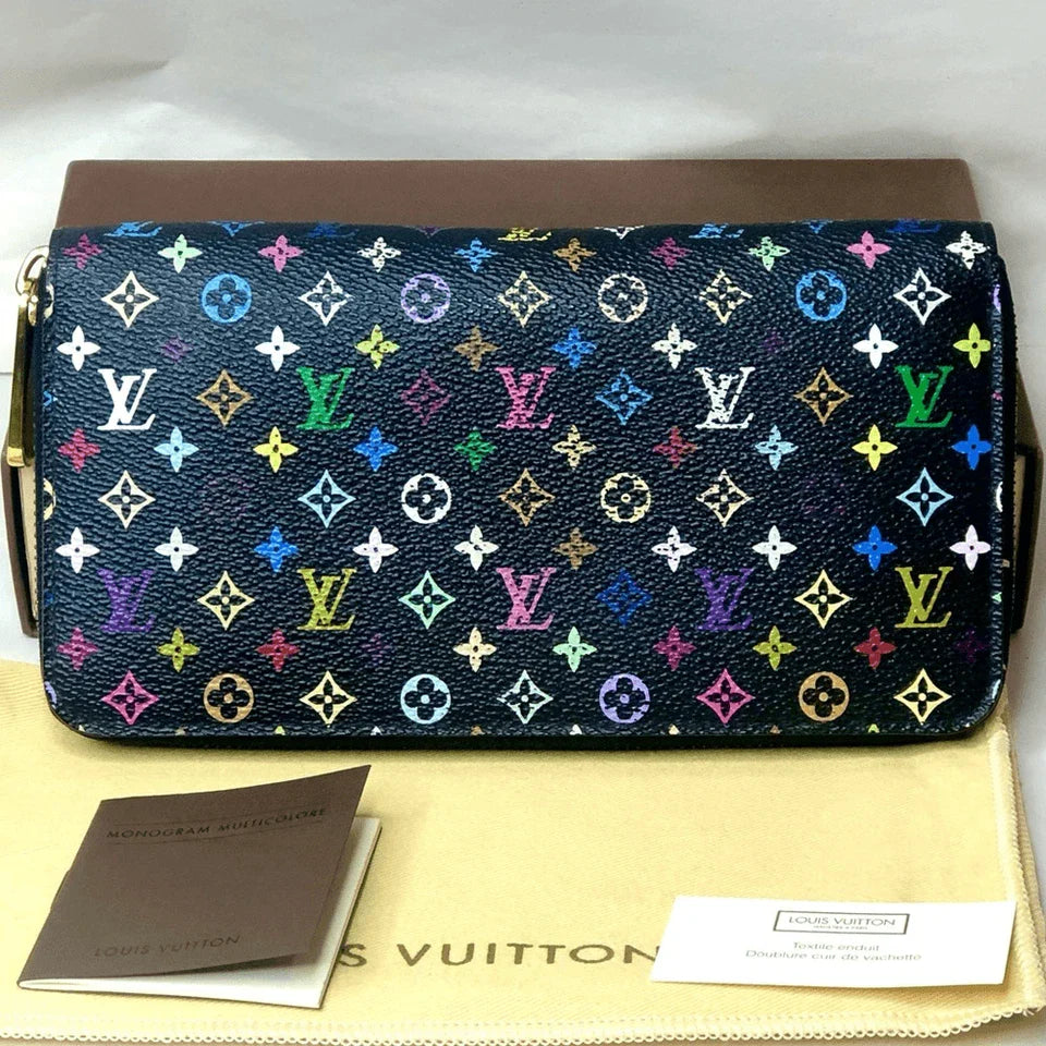 LOUIS VUITTON X Murakami Black MultiColor Full Zip Wallet Pink Interior Passport