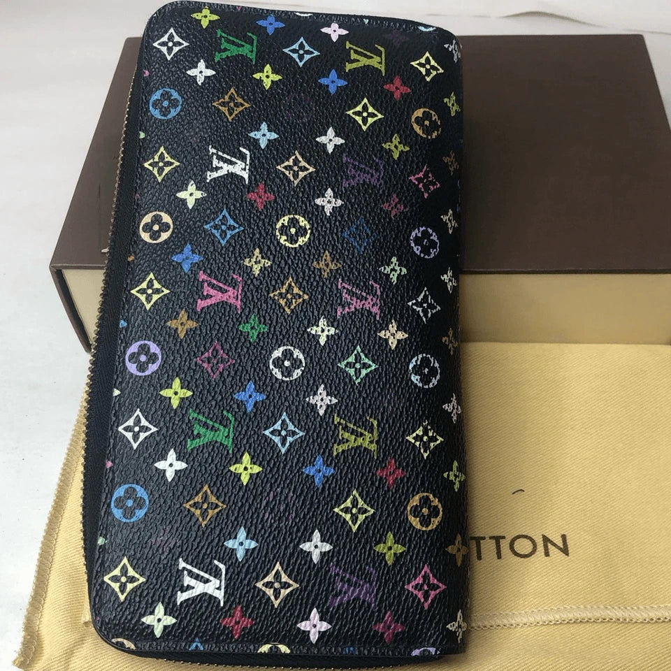 LOUIS VUITTON X Murakami Black MultiColor Full Zip Wallet Pink Interior Passport
