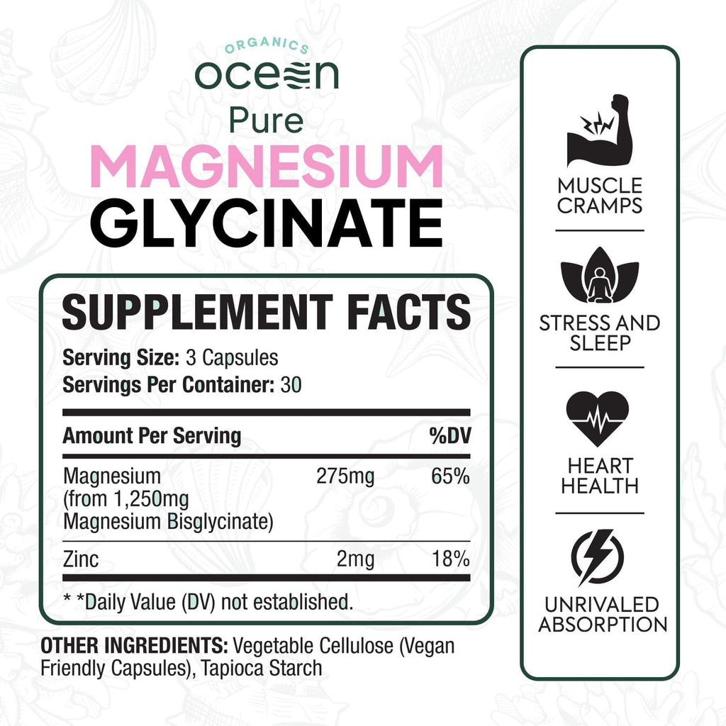 Chelated Magnesium Glycinate + Zinc – Daily Relaxation & Muscle Wellness Capsules 90 Count | Organics Ocean Pure