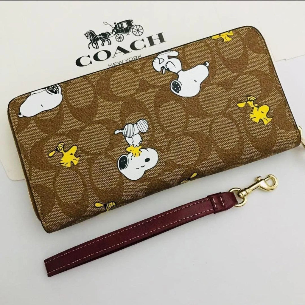 COACH x PEANUTS Long Zip around Wallet Snoopy Woodstock Khaki Signature F/S