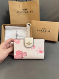 NWT Coach Medium Corner Zip Wallet With Floral Print White/Pink